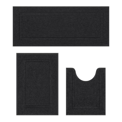 SHACOS Black Bathroom Rugs Sets 3 Piece Bath Mat U Shaped Toilet Rug | 20x47+ 20x32+ 20x24, Soft Fluffy Microfiber Bath Rugs Set, Non Slip Washable Absorbent Bathroom Runner Floor Mats Shower Rug - color: Black, size: 20"x32"+ 20"x47"+U Shape 20"x24"