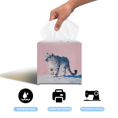 Snow Leopard Art PU Leather Tissue Box Cover 5.2 in | Snow leopard art design; 5.2-inch square PU leather tissue box cover with hand-stitched style and removable liner. - color: Snow Leopard