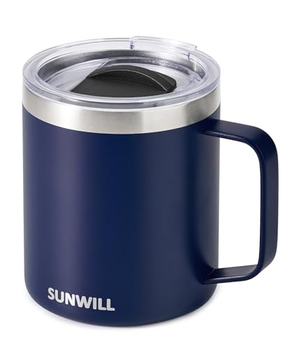 SUNWILL Insulated Coffee Mug, Stainless Steel 14 oz, Splash-Proof Lid | Keeps Drinks Hot & Cold, Powder-Coated Navy Blue Finish, Dishwasher Safe, Ideal for Home & Office - color: Powder Coated Navy Blue