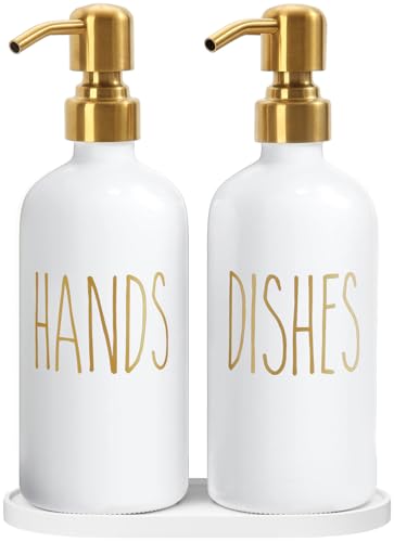 MOMEEMO Kitchen Soap Dispenser Set, White | Contains Dish and Hand Soap Dispenser, Suitable for Kitchen Counter Decor - color: H&d White With Tray