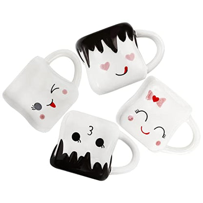 Hedume Set of 4 Cute Ceramic Hot Chocolate Mugs with Handle, Coffee Mug Set, Couple Matching Mugs, Perfect for Anniversary Christmas Wedding Valentine's Day