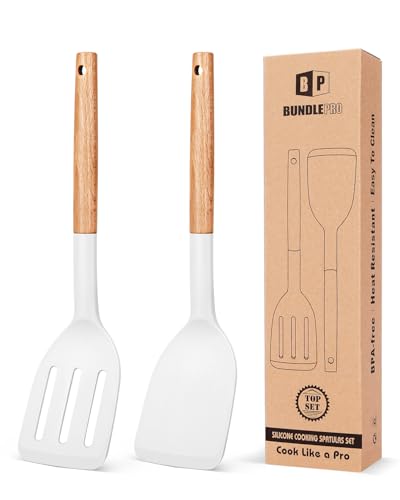 Pack of 2 Silicone Cooking Spatula, Heat Resistant Solid Turner, Non Stick Slotted Spatulas with Wooden Handle,Ideal Wood Kitchen Utensils Set for Frying, Baking, Flipping, Turning (WHITE) - color: White