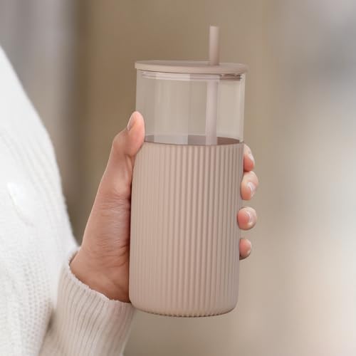 SANDJEST Glass Tumbler with Straw and Lid, Glass Water Bottle with Silicone Sleeve 20oz, Smoothie, Iced Coffee Cup, Gifts for Women Teen Girls Birthday Christmas (Light Brown) - color: Brown