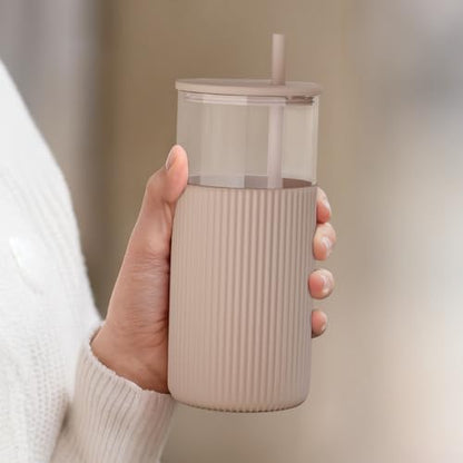SANDJEST Glass Tumbler with Straw and Lid, Glass Water Bottle with Silicone Sleeve 20oz, Smoothie, Iced Coffee Cup, Gifts for Women Teen Girls Birthday Christmas (Light Brown) - color: Brown