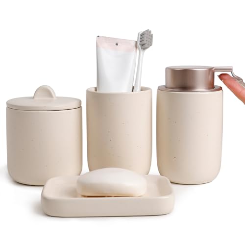 BosilunLife Apricot Ceramic Bathroom Accessories Set of 4 | Bathroom Decor Sets Accessories Bathroom Lotion Soap Dispenser and Toothbrush Holder Set, Soap Dish, Apothecary Jars.(Liquid) - color: Smooth-apricot-liquid