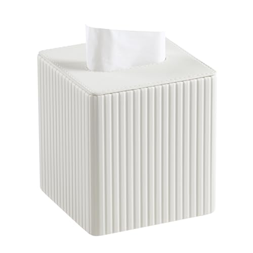 PU Leather Square Tissue Box Cover with Bottom, Ivory | Fits All Standard Cube Tissue Boxes, Modern Fluted Decorative Tissue Box Holder for Bathroom, Bedroom, Office, Living Room - color: Ivory