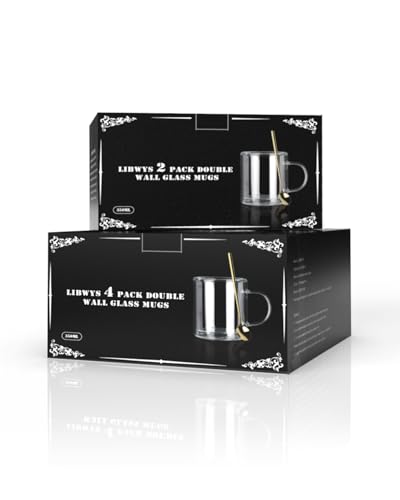 LIBWYS 12oz Double Wall Coffee Mugs (4-Pack) - Insulated Borosilicate Glass Cups with Handle for Espresso, Cappuccino, Latte - Heat Resistant, Dishwasher Safe Hot/Cold Beverage Glasses 350ml - size: 4x12oz clear mugs