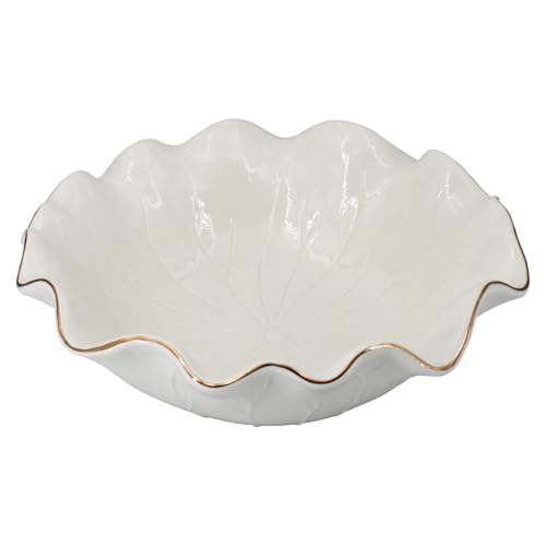 10" Large White Ruffle Lotus Design with Gold Trim Ceramic Fruit Bowl, Shallow Decorative Leaf Floral Bowl for Coffee Table Kitchen Counter and Home Decor Approx Capacity 45 fl oz - size: 10"