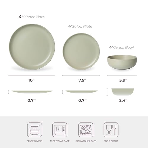 12-Piece Stoneware Dinnerware Set with Mugs | Microwave and Dishwasher Friendly | Stackable Matte Glaze Plates & Bowls | Service for 4 - color: Green for 4
