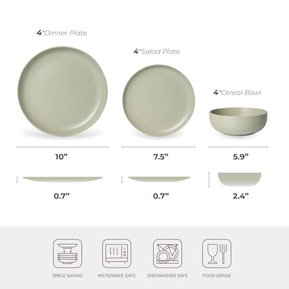 12-Piece Stoneware Dinnerware Set with Mugs | Microwave and Dishwasher Friendly | Stackable Matte Glaze Plates & Bowls | Service for 4 - color: Green for 4