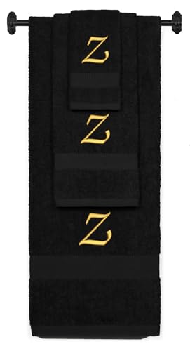 Monogrammed Bath, Hand, Washcloth Cotton Towel Set, Personalized Gift 3Pc-Z - color: Black & Gold, size: Initial Z