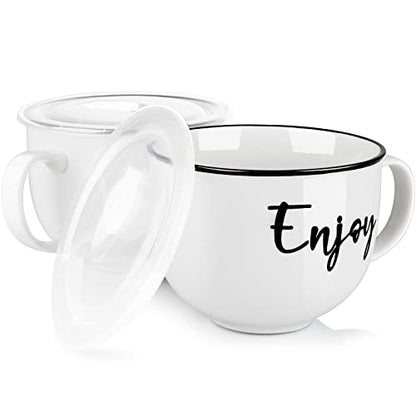 DAYYET Soup Mugs with Handles and Vented Lids, 26 oz Microwavable Soup Bowls, Ceramic Mugs Set for Overnight Oats, Cereal, Noodles, Ramen, Pasta, Salad, Oversized Coffee Mugs, Set of 2, White