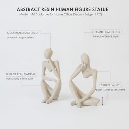 Modern Abstract Resin Human Figure Sculpture, Beige Minimalist Art Statue for Home Office Desk Shelf Decor - size: 8.66 x 3.15 x 11.81 in