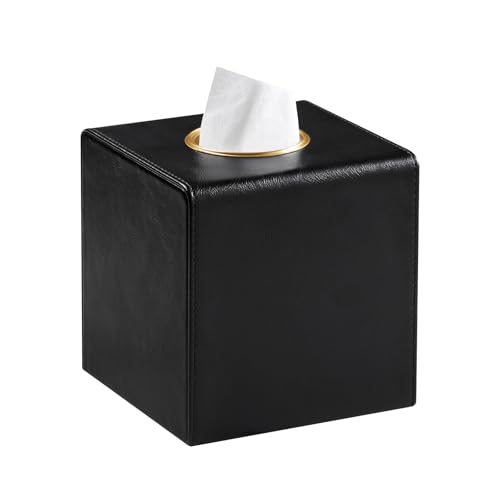 Square Tissue Box Cover with Magnetic Closure, Black | Luxury PU Leather Tissue Holder with Gold Tone Metal Opening, Fits All Standard Cube Tissue Boxes - color: Black