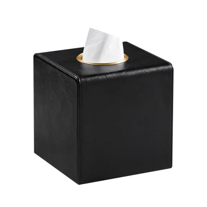 Square Tissue Box Cover with Magnetic Closure, Black | Luxury PU Leather Tissue Holder with Gold Tone Metal Opening, Fits All Standard Cube Tissue Boxes - color: Black