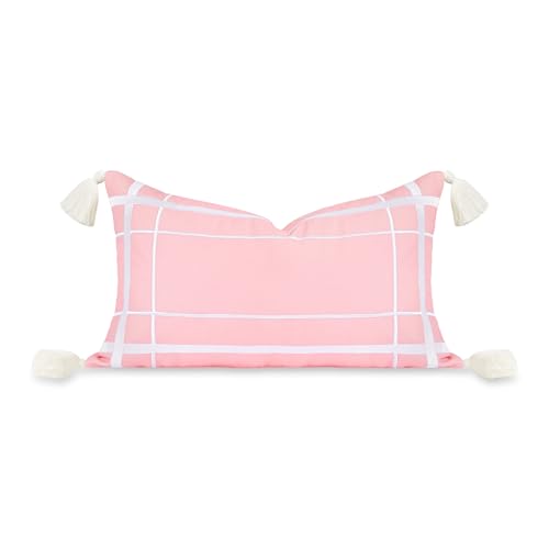 Hofdeco Premium Coastal Patio Indoor Outdoor Lumbar Pillow Cover Only, 12"x20" Water Repellent for Backyard, Couch, Blush Pink Embroidered Line Frame - color: Blush Pink Line Frame 12"x20", size: 12"x20"