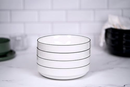 KooK Ceramic Large Pasta Bowls, Microwave and Dishwasher Safe, Great for Soups and Salads, Shallow Serving Bowls, Glossy Porcelain, 47 oz, Set of 4, French - color: French