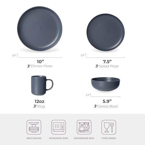 12-Piece Stoneware Dinnerware Set with Mugs | Microwave and Dishwasher Friendly | Stackable Matte Glaze Plates & Bowls | Service for 3 (Blue for 3) - color: Blue for 3