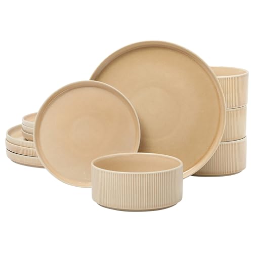 Gibson Elite Solana Coast 12 Piece Stoneware Reactive Glaze (Service for 4) Ceramic Plates and Bowls Modern Shape Embossed Dinnerware Set - Terracotta Orange - color: Terracotta Orange (Solana), size: Service for 4 (12pcs)
