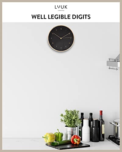 Modern Silent Quartz Wall Clock, 10in, Black & Gold | Chic & Minimalist, Non-ticking, Analog, Arabic numerals, Easy-to-read, Battery operated, for Living Room, Mantel, Foyer - color: Black & Gold, 10"