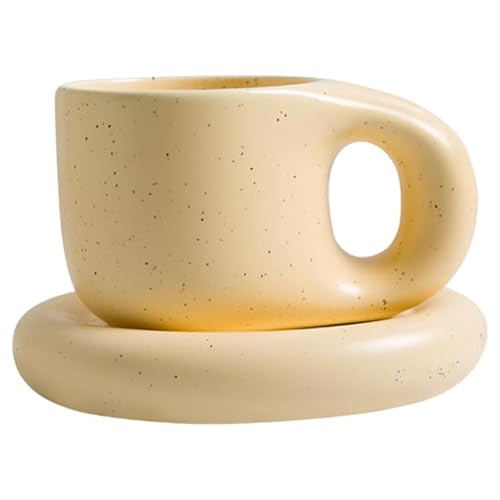 10oz Nordic Ceramic Coffee & Tea Mug, Saucer, Cute Cup, Lovers Gift, Beige | Dishwasher Safe, Microwave Safe, Chunky Handle, Chubby Shape, Home Office Décor, Gift Idea, Kitchen Essentials, Durable - color: Beige