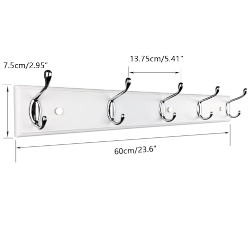 Wooden Wall Mounted Coat Rack – 24 Inch (60cm), White with 5 Silver Hooks for Entryway, Hallway, Bedroom - size: Medium-23.6in(60cm),5 Silver Hooks, style: Modern