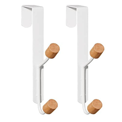 HYMIKO Over The Door Hooks,2 Packs Sturdy Metal Over Door Wooden Hooks Organizer Rack for Hanging Coats Hats Robes Towels,Bathroom Bedroom Door Hangers - White