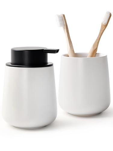 Bosilunlife Soap and Toothbrush Holder Set - Ceramic Bathroom Accessories Set White Foaming Hand Soap Dispenser Set Bathroom Counter Toothbrush Holder and Soap Dispenser Set - color: White-rounded Base Foam