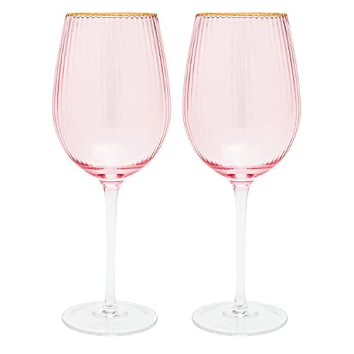 Vikko Décor Wine Glasses, Set of 2 Peach Blown Glass with Gold Rim, 14 Ounce Fancy Wine Glasses With Stem for Red and White Wine, Dishwasher Safe Goblets, Decorative Wine Glasses