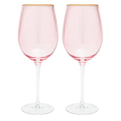 Vikko Décor Wine Glasses, Set of 2 Peach Blown Glass with Gold Rim, 14 Ounce Fancy Wine Glasses With Stem for Red and White Wine, Dishwasher Safe Goblets, Decorative Wine Glasses