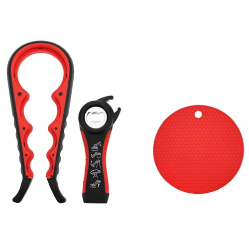 3 Piece Jar Opener Labor Saving Tool Set For Seniors Arthritis Weak Hands | Lever eases arthritic wrist strain dual honeycomb silicone mat heat trivet compact dishwasher safe gift for elderly seniors - color: biack and red