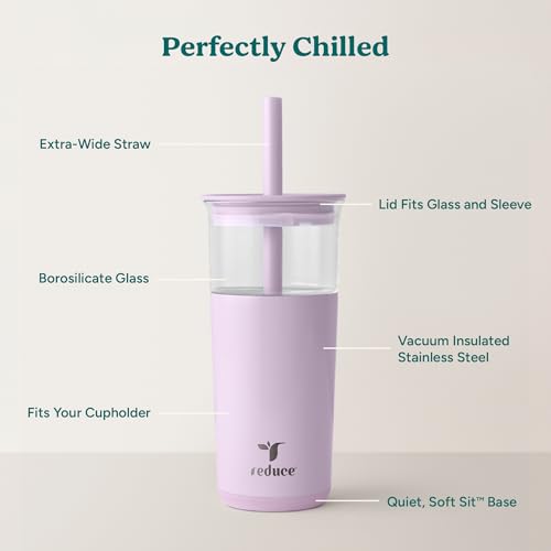 REDUCE Aspen - 20oz Vacuum Insulated Glass Tumbler - Extra Wide Straw & Lid | Keeps drinks cold for 12 hours, ideal for iced coffee, smoothies & boba, dishwasher safe, soft base - color: Lilac Bud