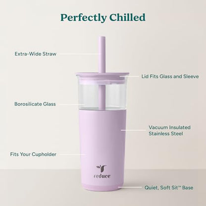 REDUCE Aspen - 20oz Vacuum Insulated Glass Tumbler - Extra Wide Straw & Lid | Keeps drinks cold for 12 hours, ideal for iced coffee, smoothies & boba, dishwasher safe, soft base - color: Lilac Bud