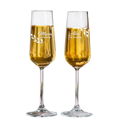 Personalized Champagne Flutes with Names – Minimal Laurel Design Engraved Wedding Glasses, Custom Name & Date Champagne Flute, Wedding Toast Glasses (Champagne Flutes-D6) - color: Champagne Flutes-D6