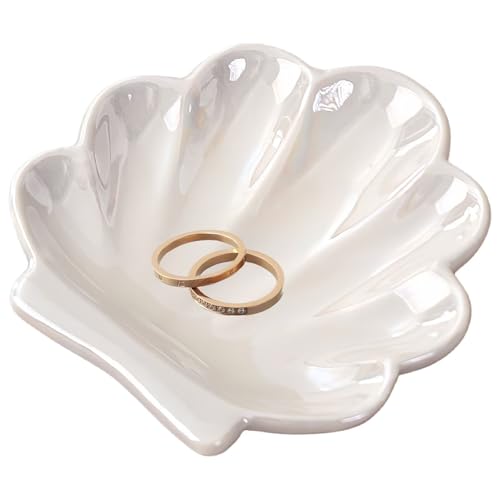 Shell Ceramic Trinket Dish, Cute Ring Earrings Holder Jewelry Tray, Organizer Plate Home Decorations for Bathroom, Bedroom and Dresser Accessories - color: Shell White