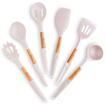 Silicone Cooking Utensils Set 6 Piece – Heat Resistant up to 480°F, BPA Free & Non-Scratch Kitchen Tools with Natural Wood Handles, White - color: White