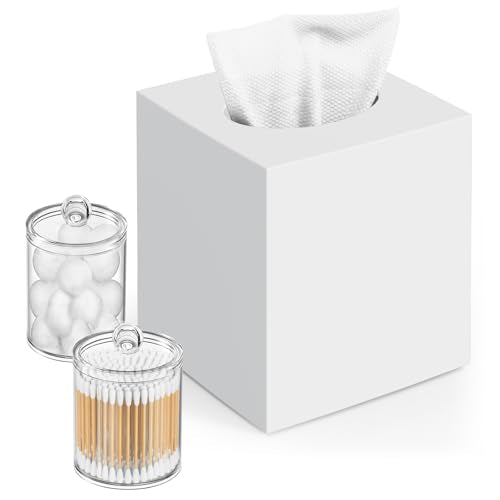 Square Acrylic Tissue Box Cover with 2 Pcs Qtip Holder Dispenser,White | Modern decor,plastic,bathroom vanity storage organizer set,non-slip,Easy to refill,size compatibility for tissue & rolls - color: White, size: 1 Tissue Box Cover with 2 Qtip Holder D