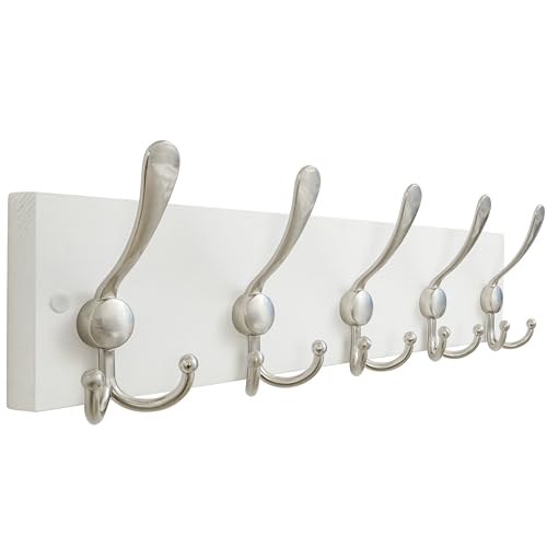 SKOLOO Creations White Solid Wood Wall Mounted Coat Rack, 5 Hooks, 16-7/8" Long - Kitchen, Mudroom, Entryway, Bathroom - Includes Mounting Hardware, Wall Coat Hanger, Towel Rack - color: Matte White Plates & Nickel Hook, size: 1 Item-5 Hooks