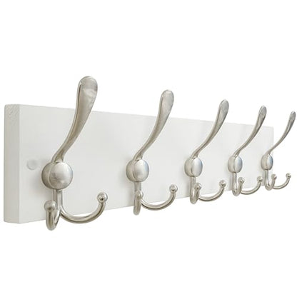 SKOLOO Creations White Solid Wood Wall Mounted Coat Rack, 5 Hooks, 16-7/8" Long - Kitchen, Mudroom, Entryway, Bathroom - Includes Mounting Hardware, Wall Coat Hanger, Towel Rack - color: Matte White Plates & Nickel Hook, size: 1 Item-5 Hooks