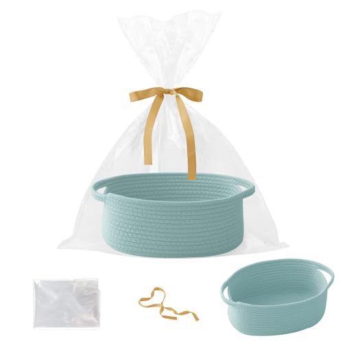 Woven Rope Basket - Baby Gift Basket with Bag & Ribbon, Aqua | Cotton rope with handle, 12 x 8 x 5 in, gift bag and ribbon, for baby shower, birthday, toy storage, nursery, shelf decor - color: Aqua