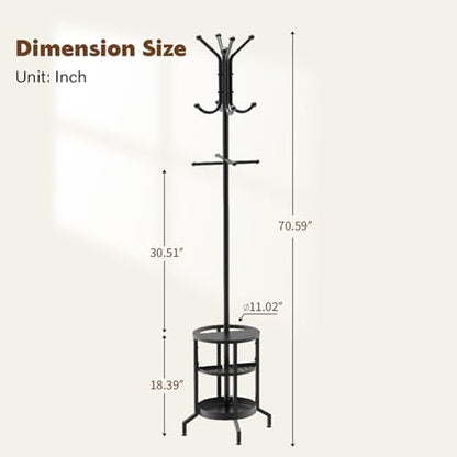 Coat Rack with Umbrella Holder, Coat Rack Freestanding | Metal Coat Tree with 12 Hooks, Coat Hanger Stand for Entryway, Umbrella Coat Rack for Bedroom, Living Room & Office