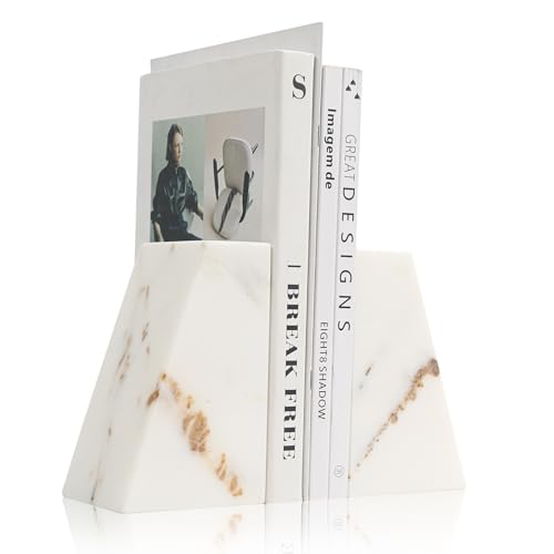 Luxury Marble Bookends for Shelves, 11LB Heavy Duty Marble Book Ends | Stone Bookends Decorative, Calacatta Gold Triangular, Set of 2 - color: Calacatta Gold, size: 3.9×3×6 Inch
