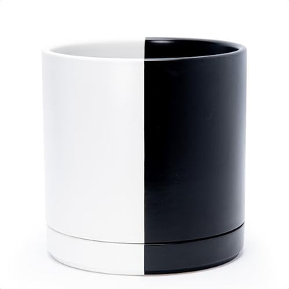 D'vine Dev 10 Inch Ceramic Planter Pot, Black White Split, 94-O-E-0 | Modern Cylinder Design, Drainage Hole & Saucer Included, Stable Structure, Elegant Home Accent - color: Split Monochrome Black & White, size: Large