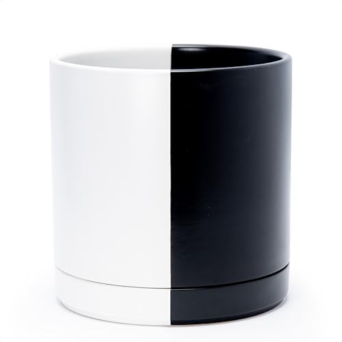 D'vine Dev 10 Inch Ceramic Planter Pot, Black White Split, 94-O-E-0 | Modern Cylinder Design, Drainage Hole & Saucer Included, Stable Structure, Elegant Home Accent - color: Split Monochrome Black & White, size: Large