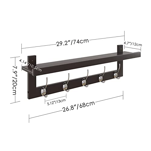 SMIBUY Coat Hooks with Shelf Wall-Mounted, 29.2 Inch Entryway Coat Rack for Wall, Bamboo Hanging Shelf with 5 Double Metal Hooks for Bathroom, Bedroom, Kitchen, Living Room, Mudroom (Dark Brown) - color: Dark Brown