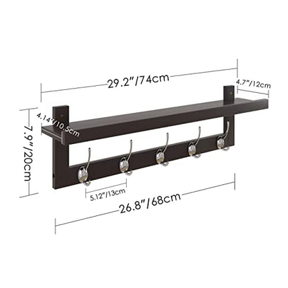 SMIBUY Coat Hooks with Shelf Wall-Mounted, 29.2 Inch Entryway Coat Rack for Wall, Bamboo Hanging Shelf with 5 Double Metal Hooks for Bathroom, Bedroom, Kitchen, Living Room, Mudroom (Dark Brown) - color: Dark Brown