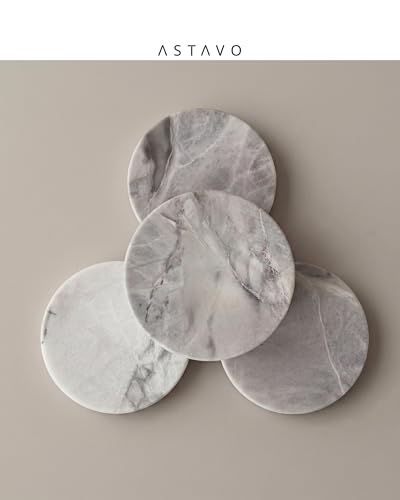 astavohome White Marble & Walnut Round Pedestal Display Riser, 4.7 x 2 in | White marble top with North American walnut wood base for candles, jewelry, keys, vanity accessories, or decor.