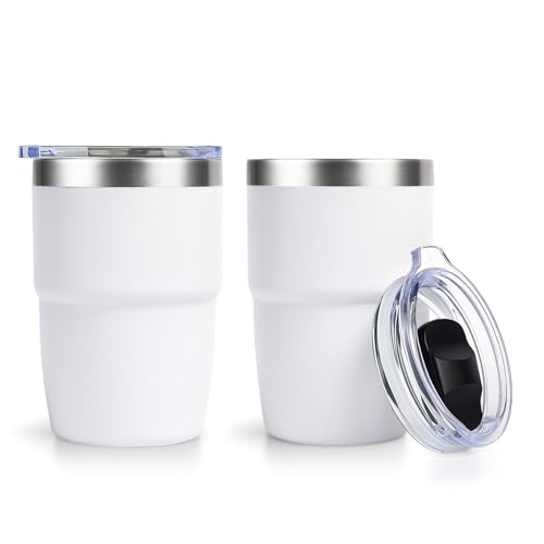 Zenbo 8 oz Stackable Espresso/Coffee Cups with Magnetic Lid, Ceramic-Lined | 18/8 Stainless Steel Mini Tumblers, Double-Wall Vacuum Insulated & Dishwasher Safe for Travel, Office, White-2 Pack - color: White
