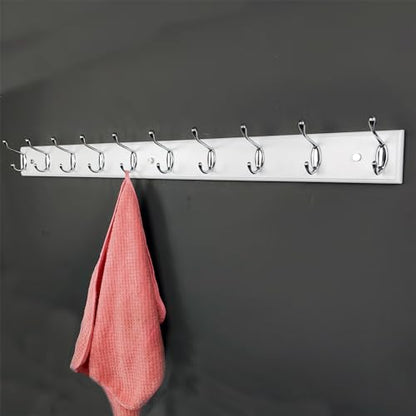 37 Inch Long Wooden Wall Mounted Coat Rack with 10 Silver Chrome Hooks for Entryway and Bedroom to Hang Coats, Hats - Heavy Duty Hooks School Bag - size: Long-37.4in(95cm),10 Silver Hooks, style: Modern