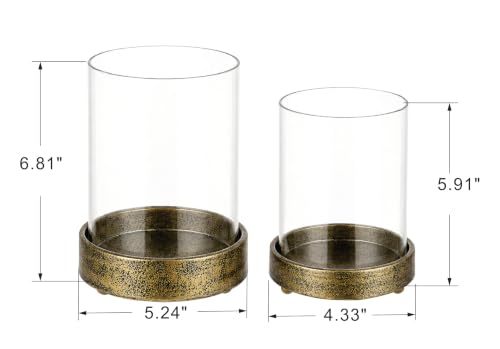 Set of 2 Glass Hurricane Candle Holders for Pillars with Minimalism Metal Base in Antique Gold, Glass Candle Holder, Centerpiece, for Weddings, Dinner Parties, Dining Tables, Console Tables, Mantels - color: Antique Gold